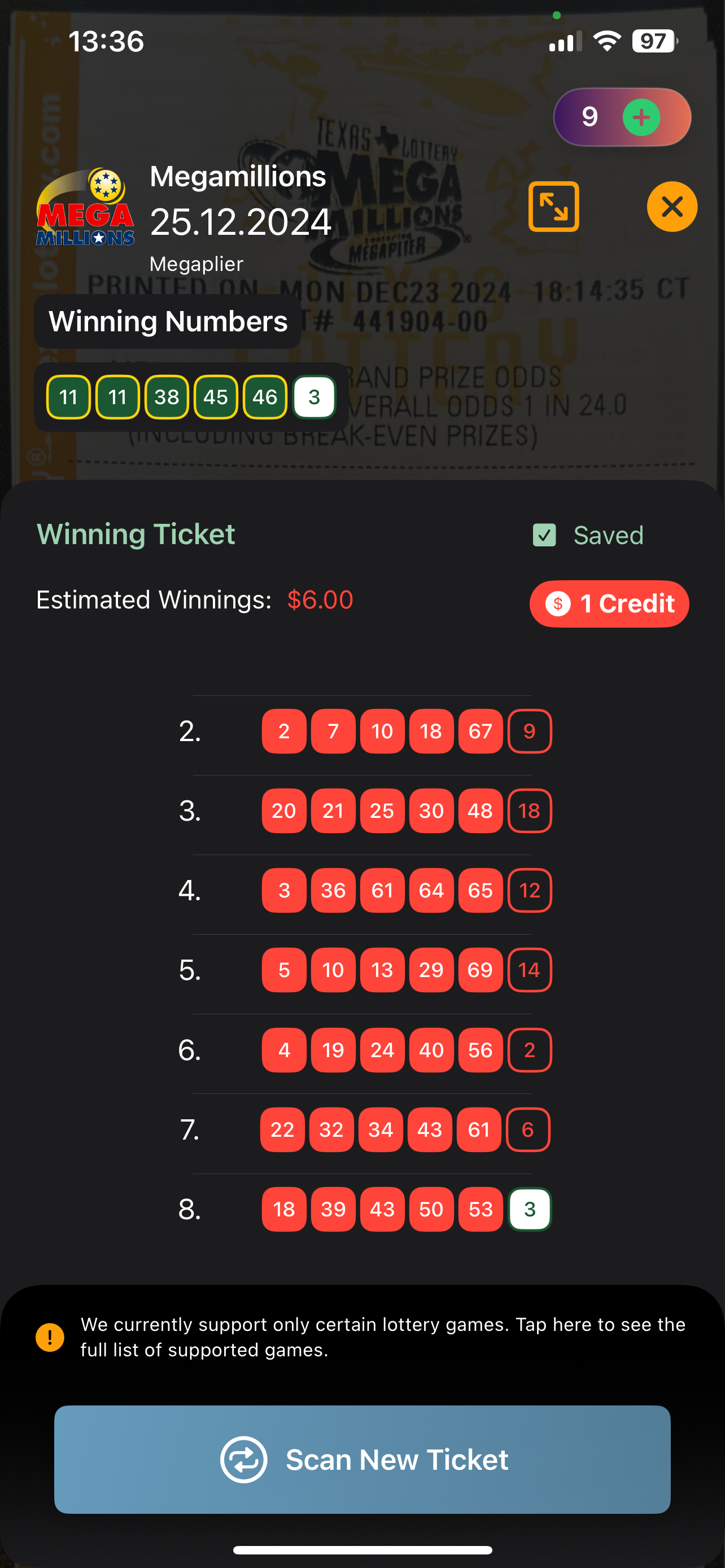 Ticket scan result with winning insights